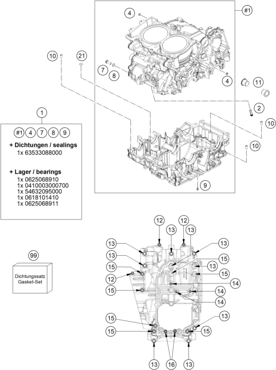 Sprängskiss: Engine Case – KTM 990 DUKE 2026