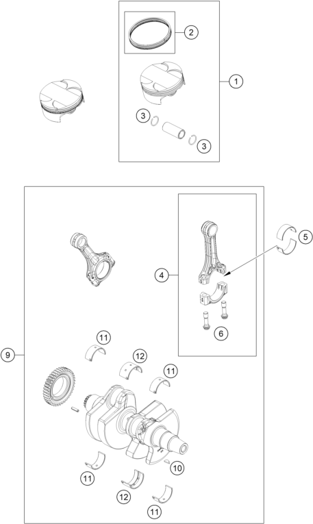 Sprängskiss: Crankshaft, Piston – KTM 990 DUKE 2026