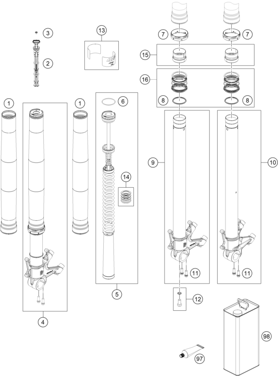 Sprängskiss: Front Fork Disassembled – KTM 1390 SUPER DUKE R EVO, black 2024