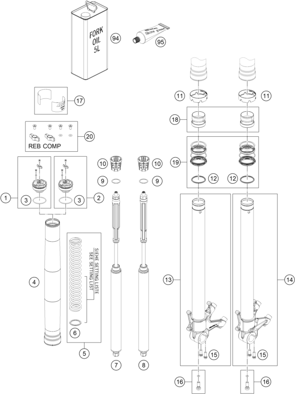 Sprängskiss: Front Fork Disassembled – KTM 1390 SUPER DUKE R, black 2025