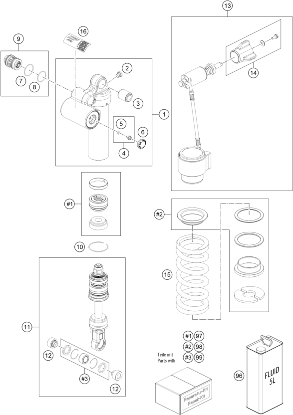 Sprängskiss: Shock Absorber Disassembled – KTM 1390 SUPER DUKE R, black 2025