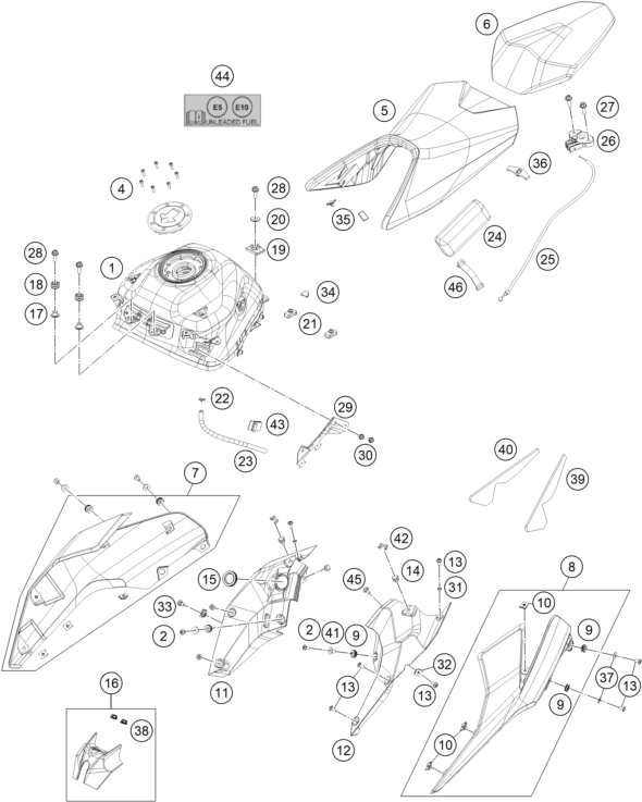 Sprängskiss: Tank, Seat – KTM 200 DUKE, grey, ABS-B.D. 2025