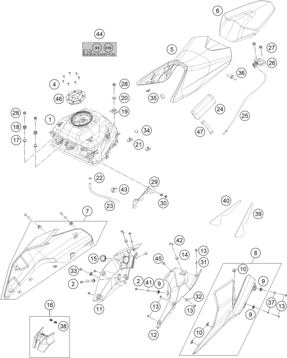 Sprängskiss: Tank, Seat – KTM 200 DUKE, orange, w/o ABS - CKD 2025