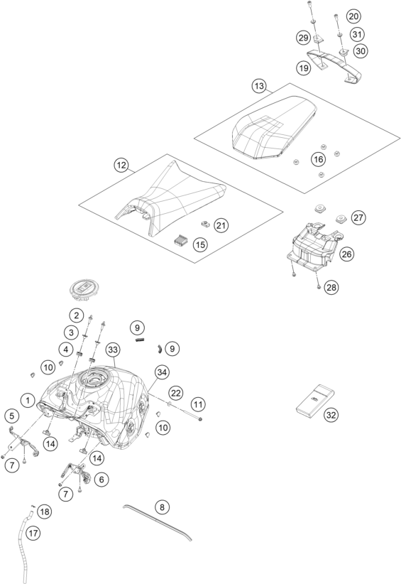 Sprängskiss: Tank, Seat – KTM 125 DUKE, orange 2025