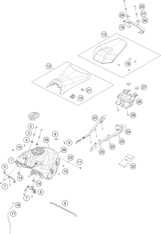Sprängskiss: Tank, Seat – KTM 390 DUKE, black - CKD 2026