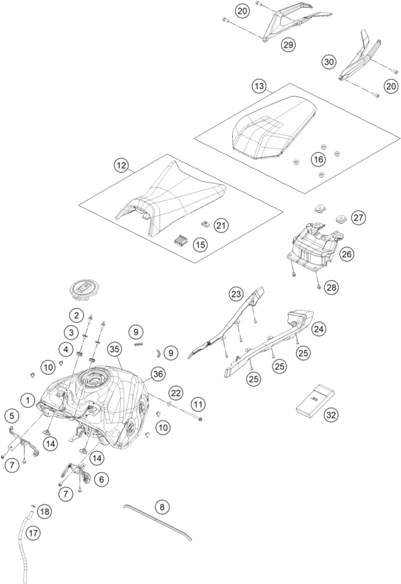 Sprängskiss: Tank, Seat – KTM KTMR2R 390 DUKE, blue 2025