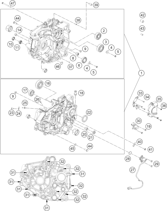 Sprängskiss: Engine Case – KTM 390 DUKE, blue - CKD 2026