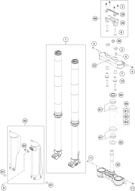 Sprängskiss: Front Fork, Triple Clamp – KTM 250 XC 2026