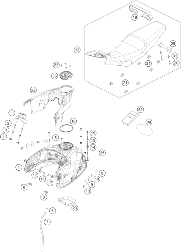 Sprängskiss: Tank, Seat – KTM 390 ADVENTURE X, white - B.D. 2026