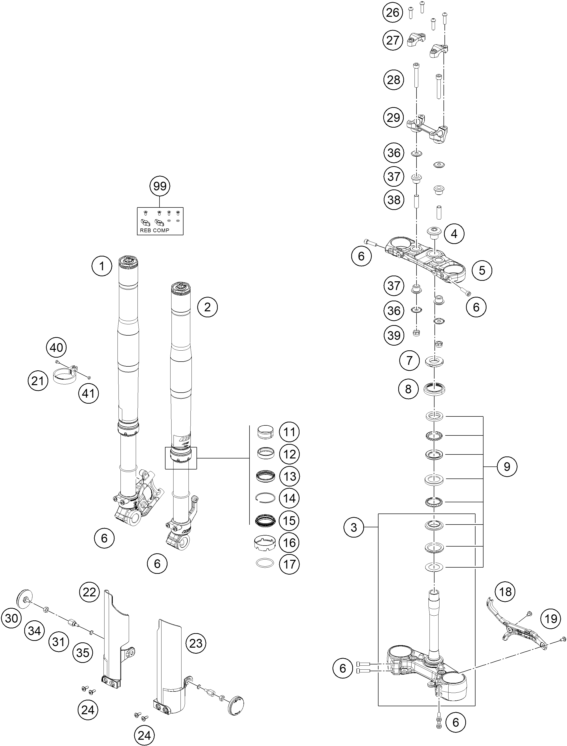 Sprängskiss: Front Fork, Triple Clamp – KTM 390 SMC R - B.D. 2026