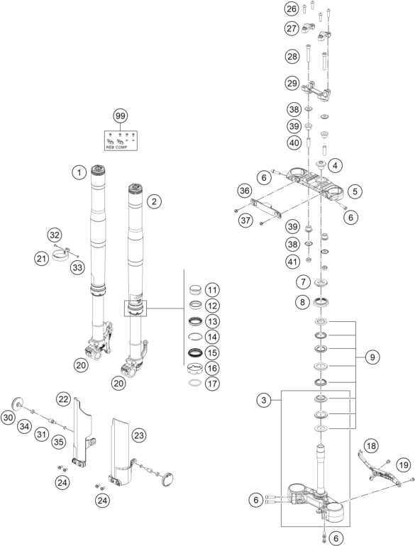 Sprängskiss: Front Fork, Triple Clamp – KTM 125 ENDURO R - B.D. 2026