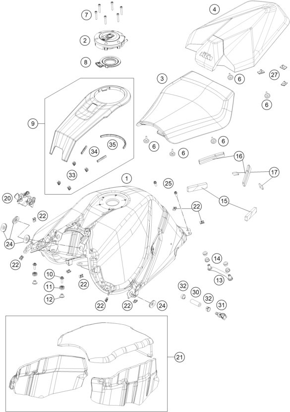 Sprängskiss: Tank, Seat – KTM 1390 SUPER DUKE R, black, Display 2025