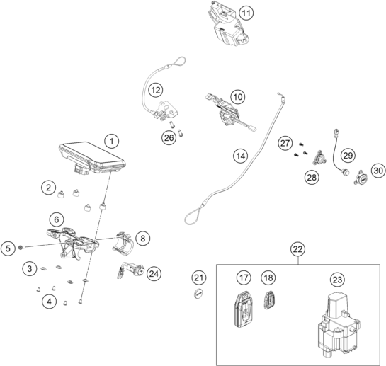 Sprängskiss: Instruments / Lock System – KTM 1390 SUPER DUKE R, black, Display 2025
