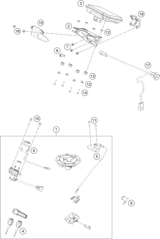 Sprängskiss: Instruments / Lock System – KTM 790 DUKE, orange - D.D. 2025
