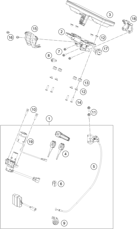 Sprängskiss: Instruments / Lock System – KTM 990 DUKE R 2026