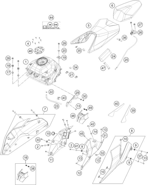 Sprängskiss: Tank, Seat – KTM 200 DUKE, blue, w/o ABS - B.D. 2026