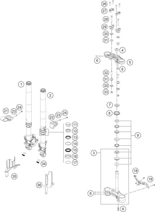 Sprängskiss: Front Fork, Triple Clamp – KTM 125 DUKE, black - B.D. 2026