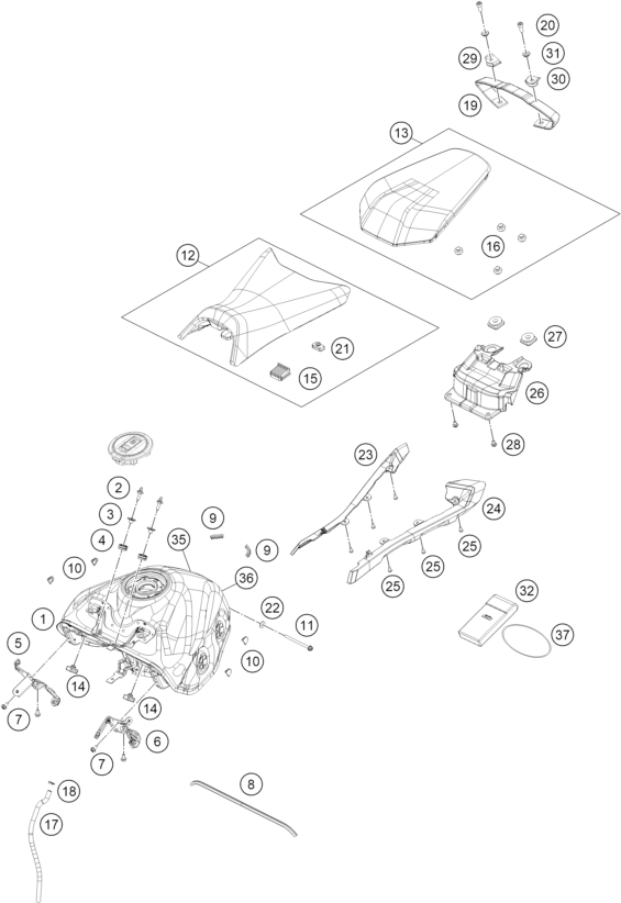 Sprängskiss: Tank, Seat – KTM 390 DUKE, blue - CKD 2026