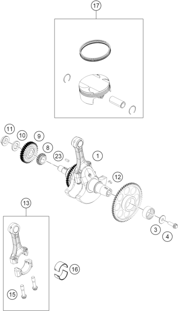 Sprängskiss: Crankshaft, Piston – KTM 390 DUKE, blue - CKD 2026