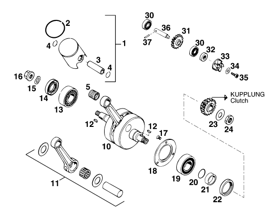 Sprängskiss: Crankshaft, Piston – KTM 125 EXC M/Ö