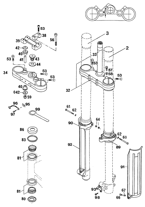 Sprängskiss: Front Fork, Triple Clamp – KTM 125 E-GS