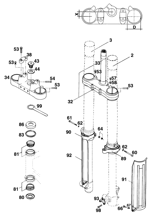 Sprängskiss: Front Fork, Triple Clamp – KTM 250 E-XC