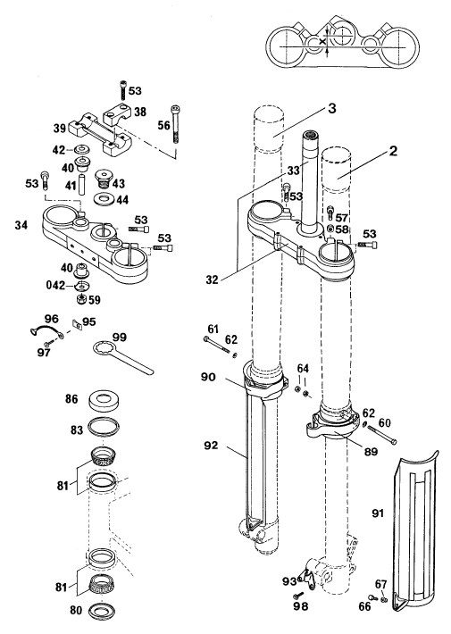 Sprängskiss: Front Fork, Triple Clamp – KTM 440 MXC '94