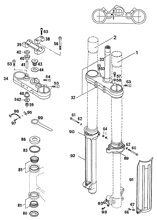 Sprängskiss: Front Fork, Triple Clamp – KTM 400 DUKE/ 20kW