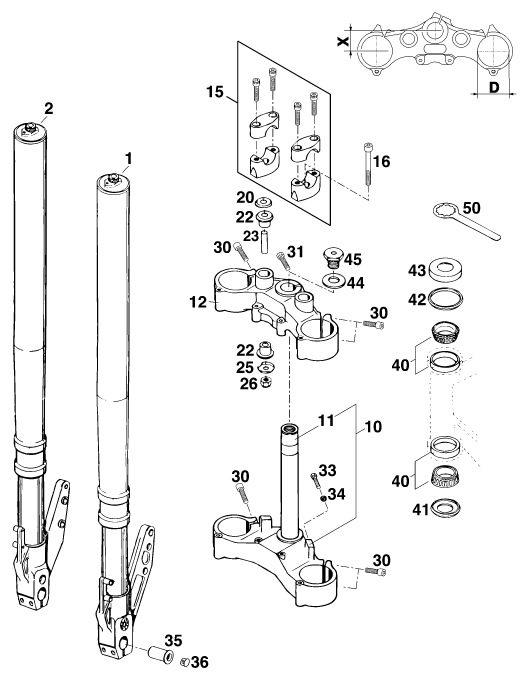 Sprängskiss: Front Fork, Triple Clamp – KTM 620 DUKE 37KW '94
