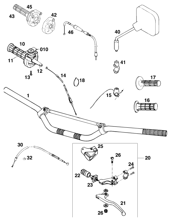 Sprängskiss: Handlebar, Controls – KTM 250 EXC M/Ö 13lt