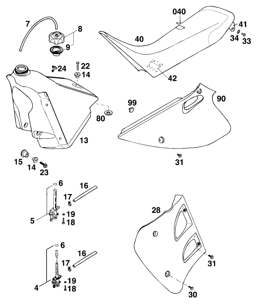 Sprängskiss: Tank, Seat – KTM 125 E-GS WP