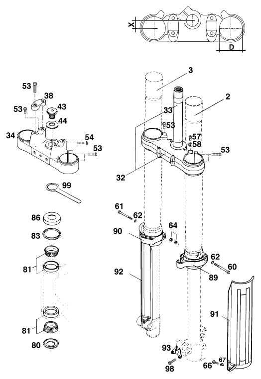 Sprängskiss: Front Fork, Triple Clamp – KTM 125 E-GS WP