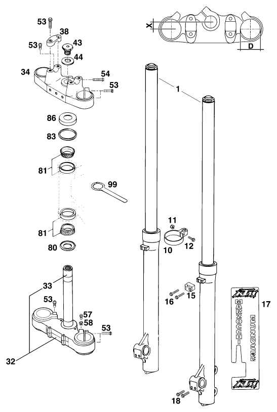 Sprängskiss: Front Fork, Triple Clamp – KTM 125 E-GS WP