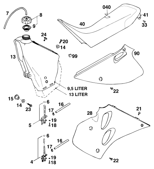 Sprängskiss: Tank, Seat – KTM 250 E-GS WP