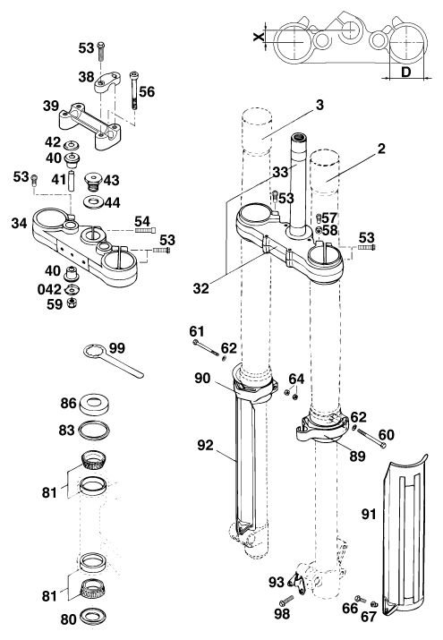Sprängskiss: Front Fork, Triple Clamp – KTM 400 SUPER-COMP WP/ 14kW