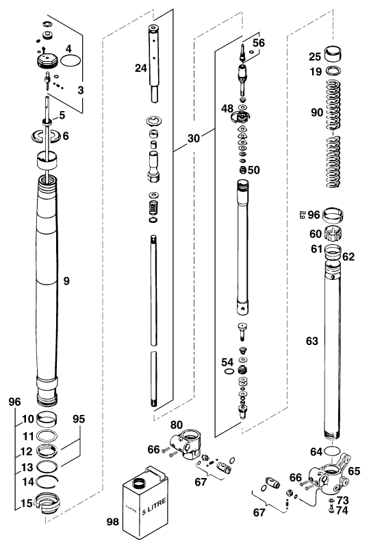 Sprängskiss: Front Fork Disassembled – KTM 400 SUPER-COMP WP/ 14kW