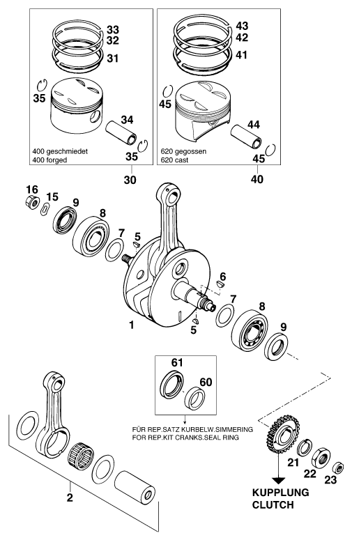 Sprängskiss: Crankshaft, Piston – KTM 620 EGS WP 37KW 20LT VIOL '95