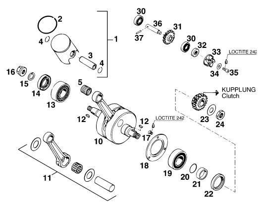 Sprängskiss: Crankshaft, Piston – KTM 125 EXC M/Ö