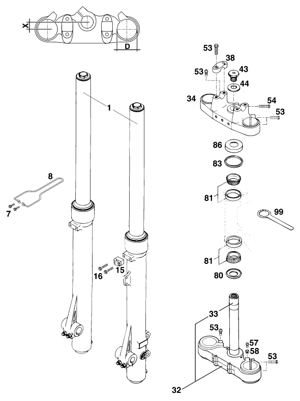 Sprängskiss: Front Fork, Triple Clamp – KTM 125 LC2 100/ORANGE '97