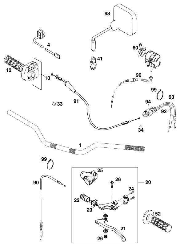 Sprängskiss: Handlebar, Controls – KTM 125 LC2 80/ORANGE BRD '96