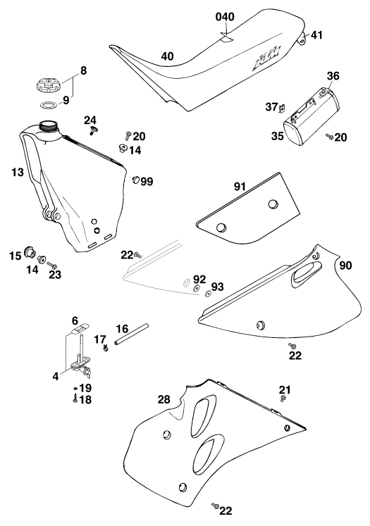Sprängskiss: Tank, Seat – KTM 125 LC2 80/ORANGE BRD '96