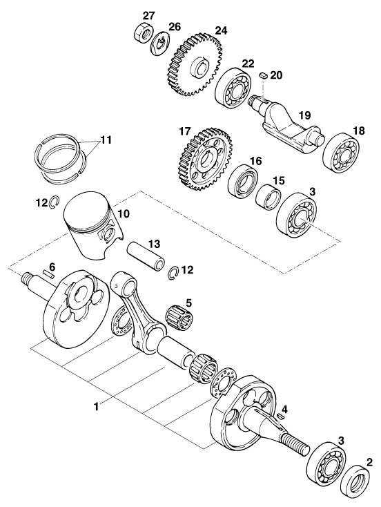Sprängskiss: Crankshaft, Piston – KTM 125 STING '97