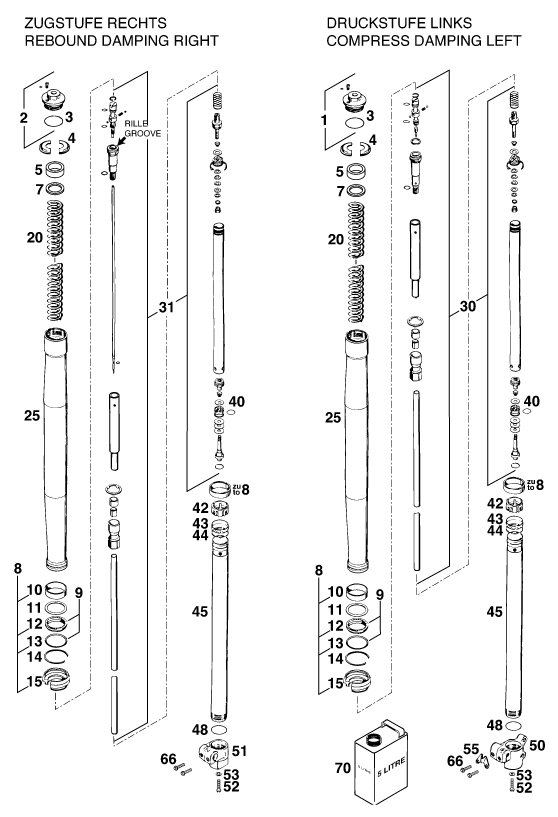 Sprängskiss: Front Fork Disassembled – KTM 400 SUP-COMP WP 14KW