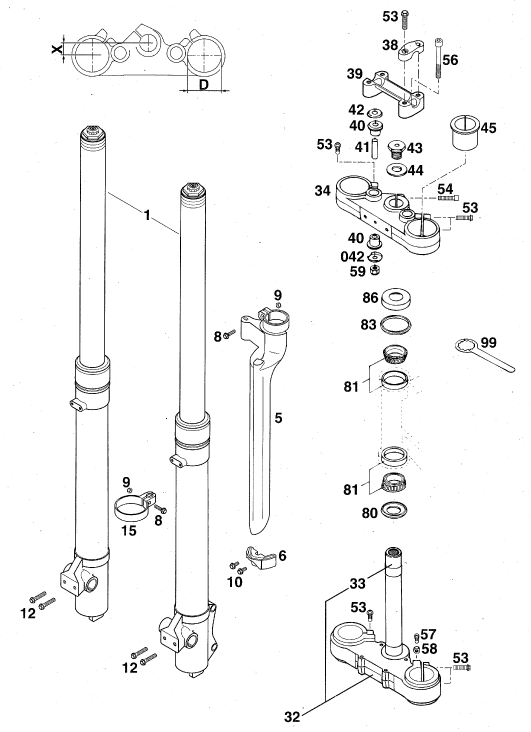 Sprängskiss: Front Fork, Triple Clamp – KTM 400 SUP-COMP WP 14KW