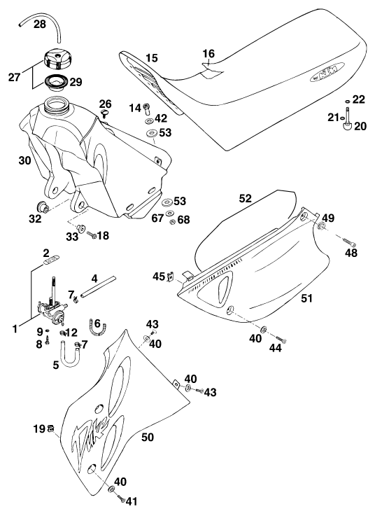 Sprängskiss: Tank, Seat – KTM 620 DUKE 37KW