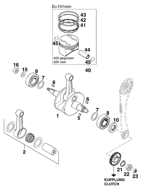 Sprängskiss: Crankshaft, Piston – KTM 620 DUKE 37KW