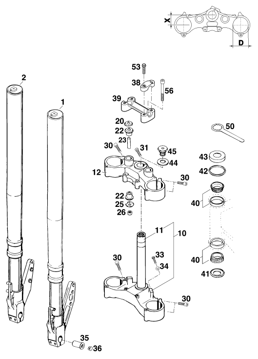 Sprängskiss: Front Fork, Triple Clamp – KTM 125 STING '98