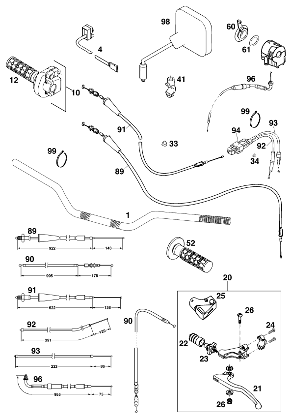 Sprängskiss: Handlebar, Controls – KTM 125 LC2 100/ORANGE '97