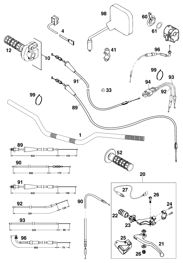 Sprängskiss: Handlebar, Controls – KTM 125 STING '98