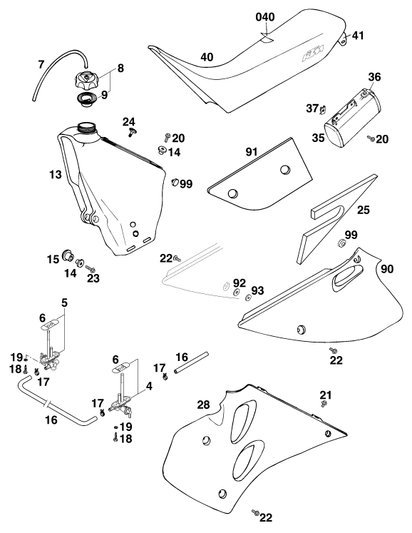 Sprängskiss: Tank, Seat – KTM 125 STING '98